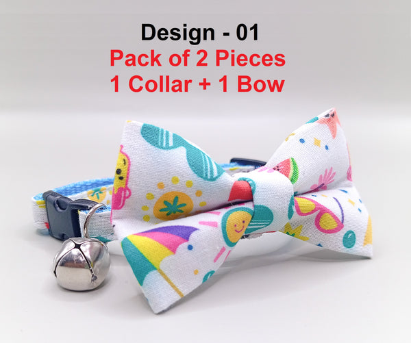 Multi Pattern Cat Pet Kitten Hand Made Fabric Bow, Scarf Neck Collar with Silver Bell