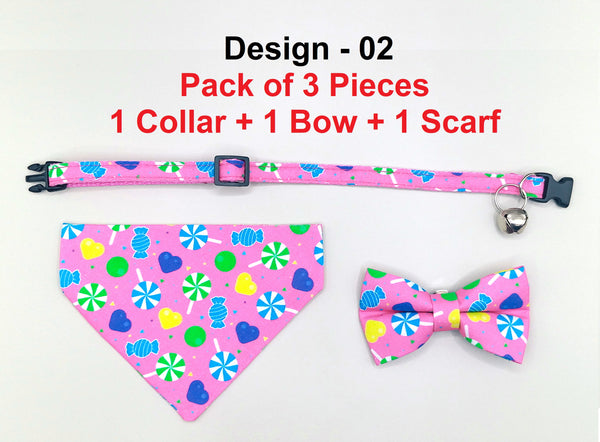 Candy Pattern Cat Pet Kitten Hand Made Fabric Bow, Scarf Neck Collar with Silver Bell