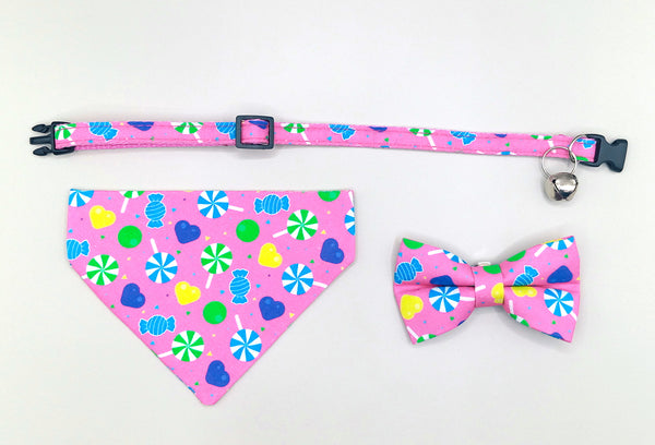 Candy Pattern Cat Pet Kitten Hand Made Fabric Bow, Scarf Neck Collar with Silver Bell