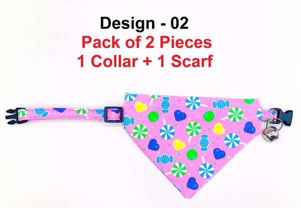 Candy Pattern Cat Pet Kitten Hand Made Fabric Bow, Scarf Neck Collar with Silver Bell