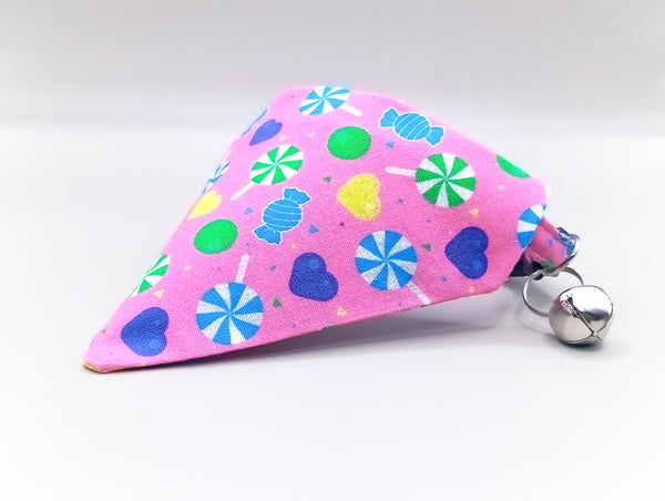 Candy Pattern Cat Pet Kitten Hand Made Fabric Bow, Scarf Neck Collar with Silver Bell
