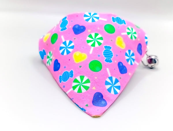 Candy Pattern Cat Pet Kitten Hand Made Fabric Bow, Scarf Neck Collar with Silver Bell