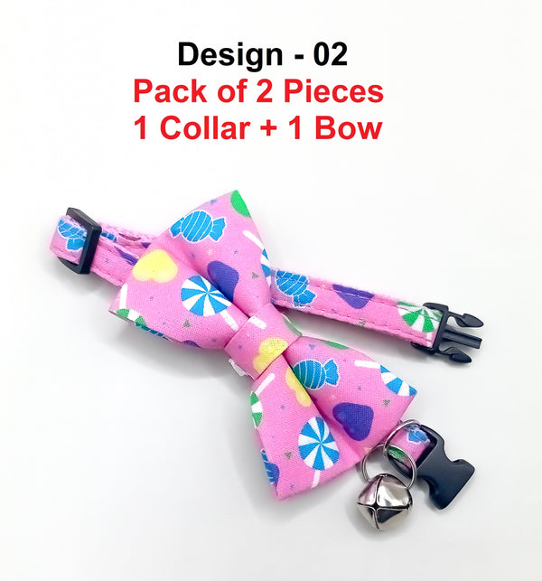 Candy Pattern Cat Pet Kitten Hand Made Fabric Bow, Scarf Neck Collar with Silver Bell