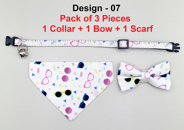 Glasses Pattern Cat Pet Kitten Hand Made Fabric Bow, Scarf Neck Collar with Bell