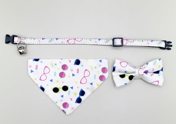 Glasses Pattern Cat Pet Kitten Hand Made Fabric Bow, Scarf Neck Collar with Bell