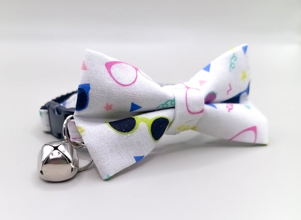 Glasses Pattern Cat Pet Kitten Hand Made Fabric Bow, Scarf Neck Collar with Bell