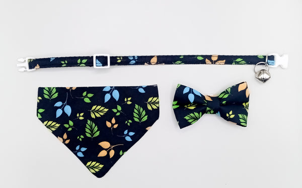 Leaves Printed Cat Pet Kitten Hand Made Fabric Bow, Scarf Neck Collar with Bell