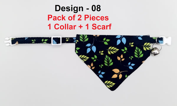 Leaves Printed Cat Pet Kitten Hand Made Fabric Bow, Scarf Neck Collar with Bell