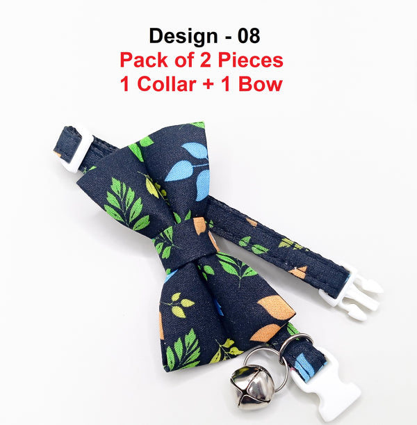 Leaves Printed Cat Pet Kitten Hand Made Fabric Bow, Scarf Neck Collar with Bell