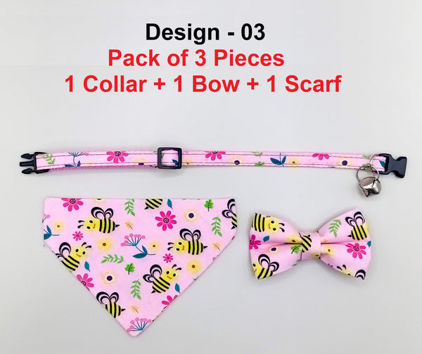 Bee Pattern Cat Pet Kitten Hand Made Floral Fabric Bow, Scarf Neck Collar with Silver Bell