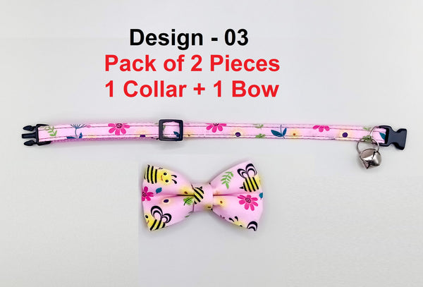 Bee Pattern Cat Pet Kitten Hand Made Floral Fabric Bow, Scarf Neck Collar with Silver Bell