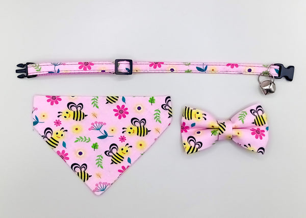 Bee Pattern Cat Pet Kitten Hand Made Floral Fabric Bow, Scarf Neck Collar with Silver Bell