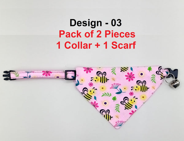 Bee Pattern Cat Pet Kitten Hand Made Floral Fabric Bow, Scarf Neck Collar with Silver Bell