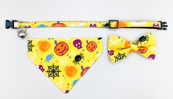 Skellington Printed Cat Pet Kitten Hand Made Fabric Bow, Scarf Neck Collar with Bell