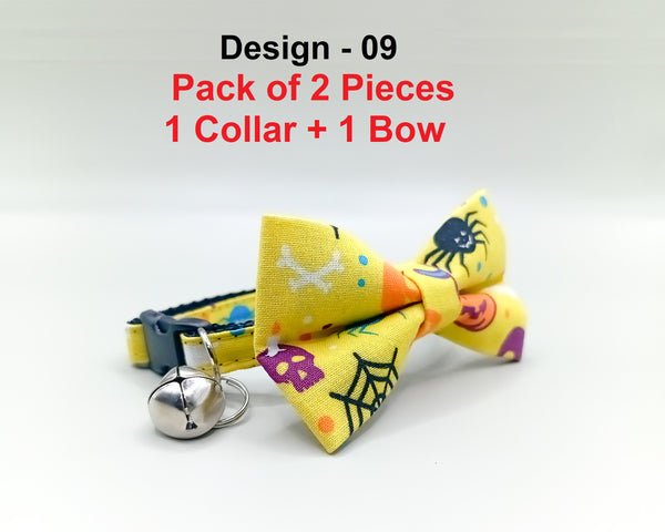 Skellington Printed Cat Pet Kitten Hand Made Fabric Bow, Scarf Neck Collar with Bell