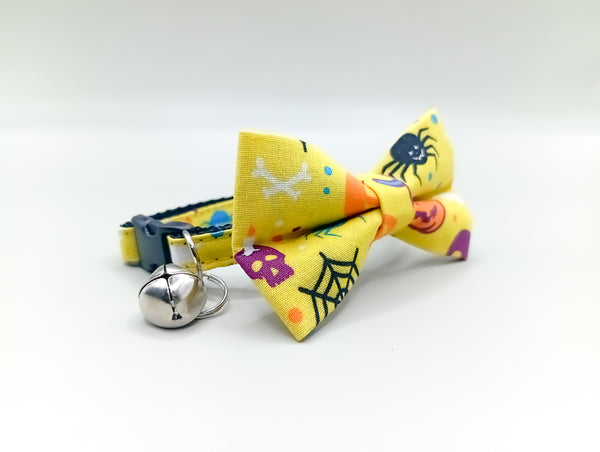 Skellington Printed Cat Pet Kitten Hand Made Fabric Bow, Scarf Neck Collar with Bell