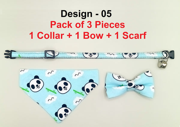 Panda Face Pattern Cat Pet Kitten Hand Made Fabric Bow, Scarf Neck Collar with Bell