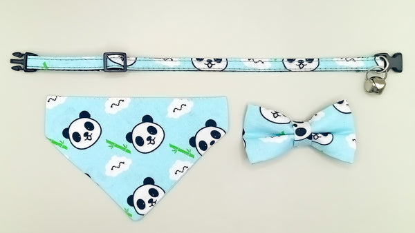 Panda Face Pattern Cat Pet Kitten Hand Made Fabric Bow, Scarf Neck Collar with Bell
