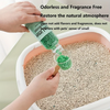 Person pouring green cat litter into a litter box with text about odor control and pet safety.