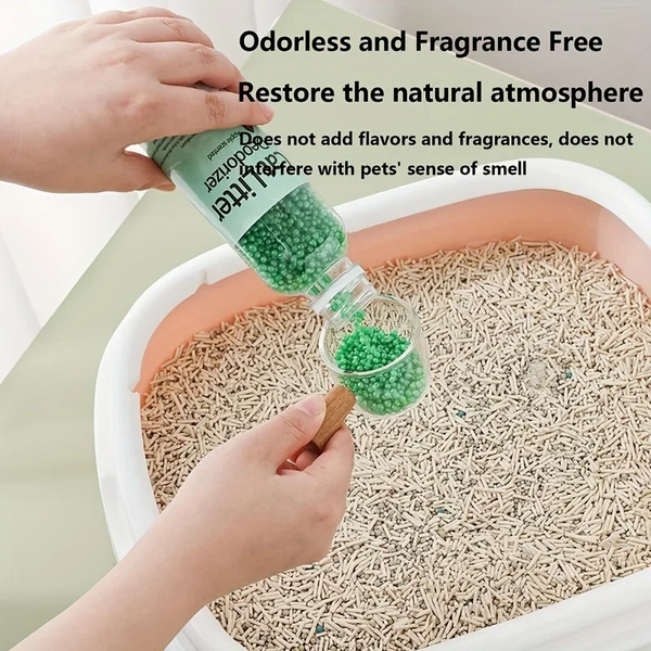 Person pouring green cat litter into a litter box with text about odor control and pet safety.