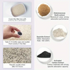 Cat litter ingredients and application instructions with text labels.