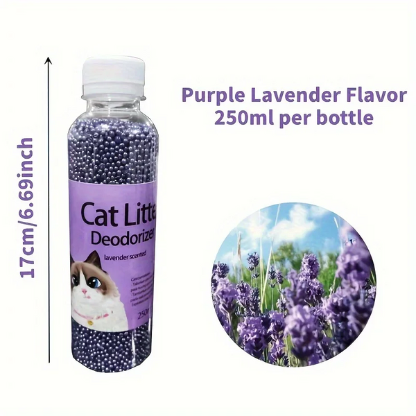 Cat litter deodorizer bottle with lavender flavor and measurement details on a white background