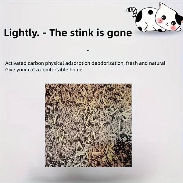 Cat litter with text about odor control and a cartoon cat icon on a light gray background.