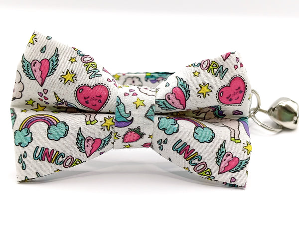 Unicorn Printed Cat Pet Kitten Hand Made Fabric Bow Neck Collar with Silver Bell