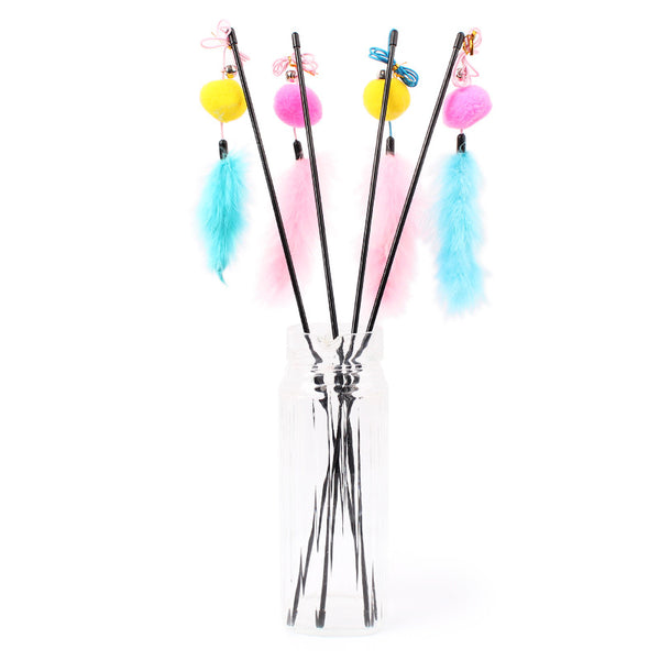 Elastic Rope Feather Furry Ball Cat Kitten Plastic Teaser Stick Toy