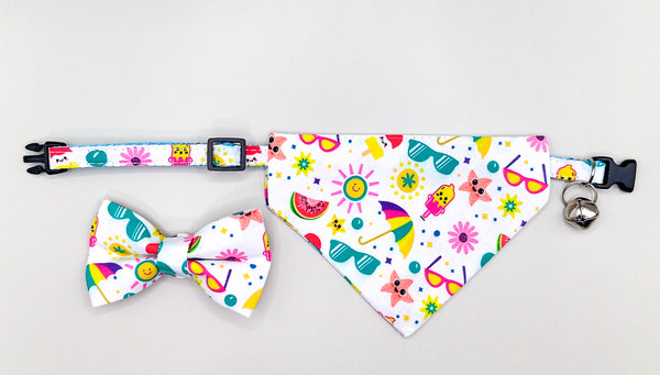 Multi Pattern Cat Pet Kitten Hand Made Fabric Bow, Scarf Neck Collar with Silver Bell