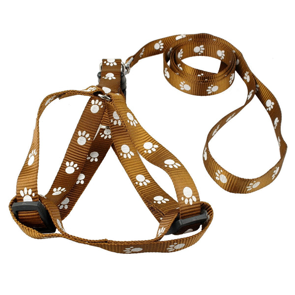 Small Breed Dog Cat Pet Walking Harness with Leash Soft Nylon Paw Pattern