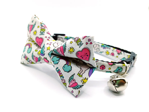 Unicorn Printed Cat Pet Kitten Hand Made Fabric Bow Neck Collar with Silver Bell