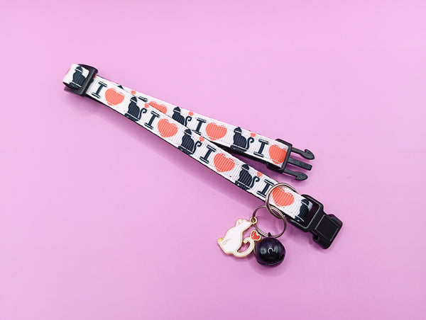 Cat Kitten Black Neck Collar with White Cat Pendant