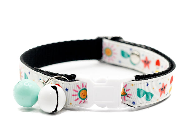 Premium Quality Nylon Summer Print Cat Kitten Pet Neck Collar with Double Bell