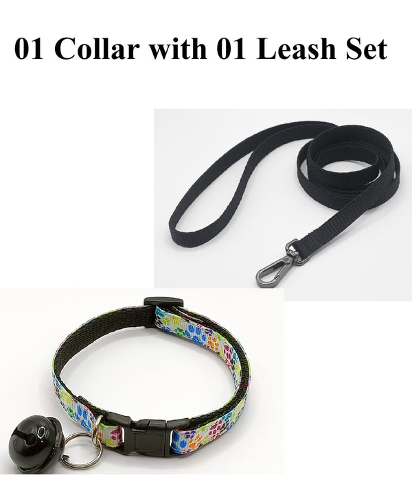 Hand Made Multi Paw Pattern Pet Cat Kitten Neck Collar Big Bell with Leash