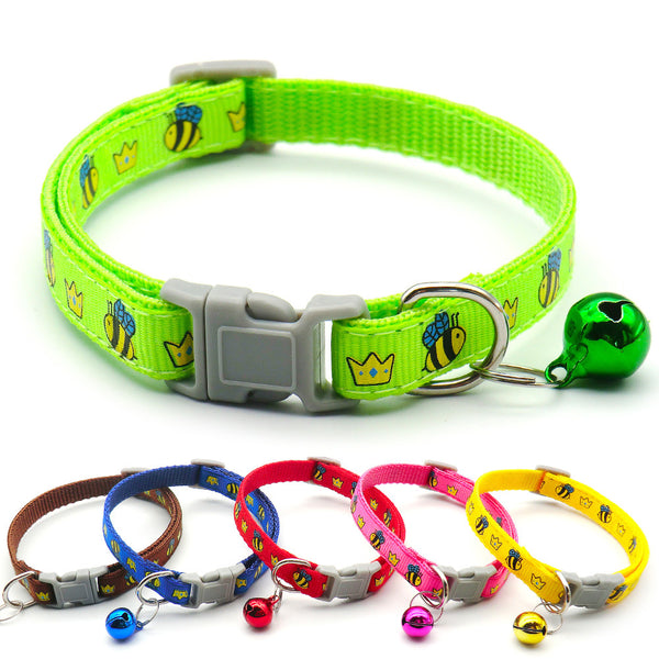 Bee Pattern Pet Kitten Cat Nylon Regular Neck Collar With Bell