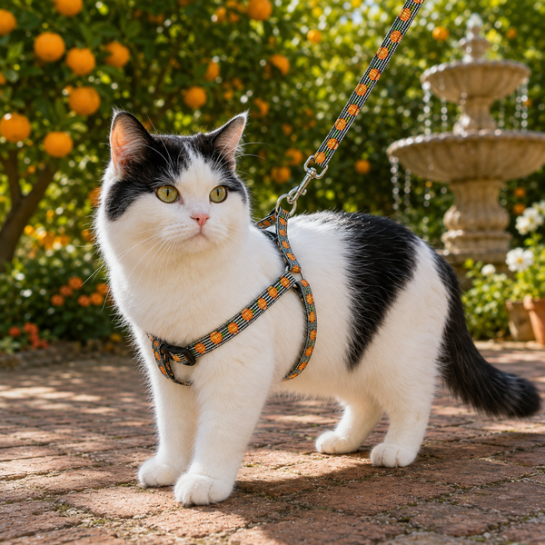 A black and white cat wearing a patterned harness and leash stands on a brick path in a sunny garden with orange trees and a fountain in the background.