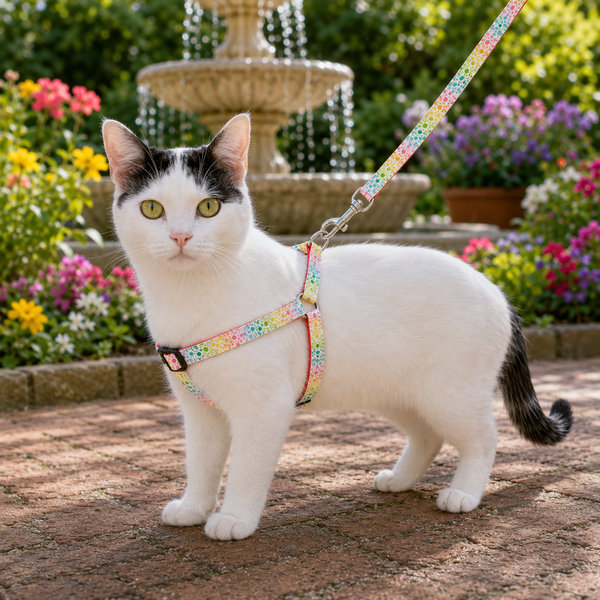 A white cat with black patches stands on a stone path in a garden, wearing a pastel rainbow-patterned harness attached to a matching leash. A stone fountain and colorful flowers are blurred in the background.