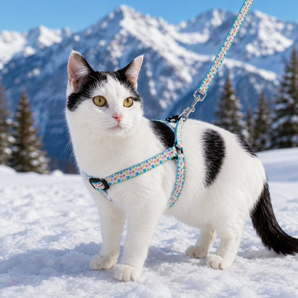 A black-and-white cat wearing a colorful floral-patterned harness and leash stands in the snow with mountains and evergreen trees in the background.