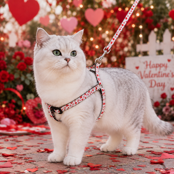 A white cat wearing a red and white patterned harness and matching leash stands in a Valentine's Day decorated outdoor setting with red roses, heart decorations, and confetti on the ground.