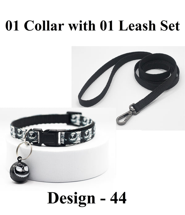 Black Skellington Cartoon Bell Cat Kitten Pet Neck Collar and Leash