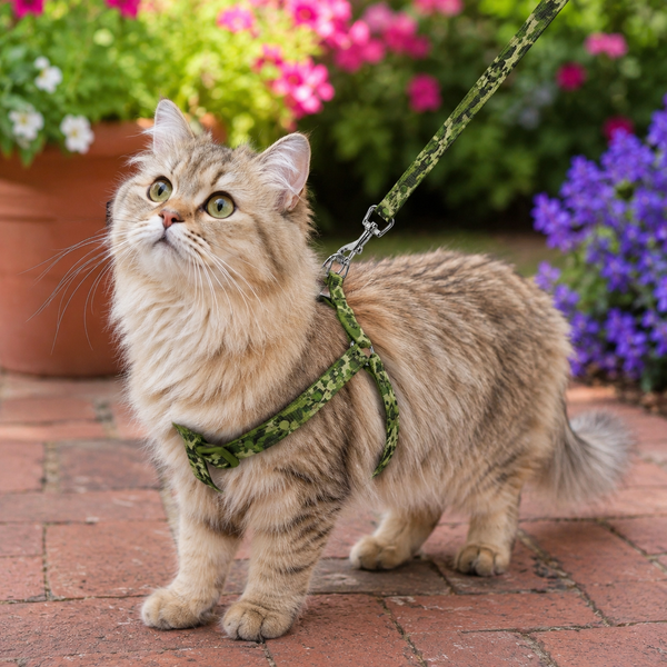 A fluffy beige tabby cat wearing a green camouflage harness and leash, standing on a brick patio with colorful flowers in the background.