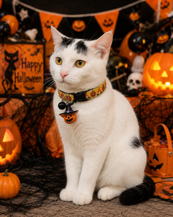 Cat Kitten Pet Neck Collar Halloween Pumpkin Pattern Premium Quality Nylon with Bell