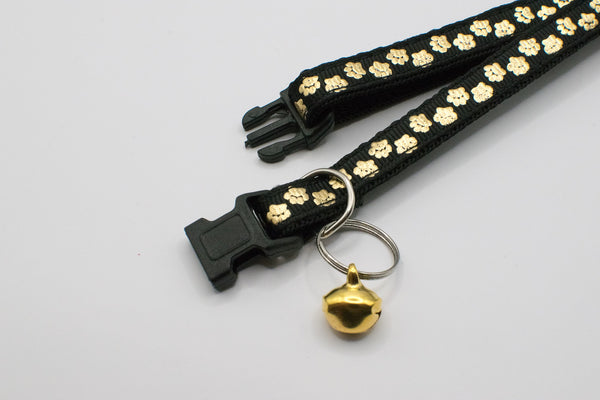 Golden Paw Pattern Pet Cat Kitten Hand Made Adjustable Neck Collar Quick Release Buckle with Bell