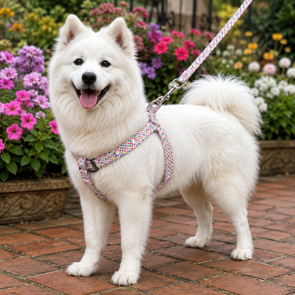 A fluffy white dog standing on a brick patio in a garden, wearing a colorful patterned harness and matching leash.
