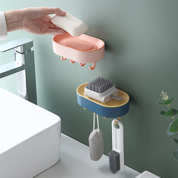 Self-Adhesive Soap Holder with Hooks Box Shape Plastic Bathroom Drain Tray