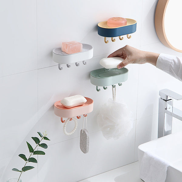 Self-Adhesive Soap Holder with Hooks Box Shape Plastic Bathroom Drain Tray