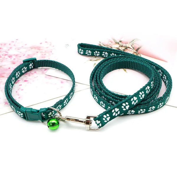 Paw Pattern Adjustable Pet Cat Nylon Neck Collar With Leash Regular Bell