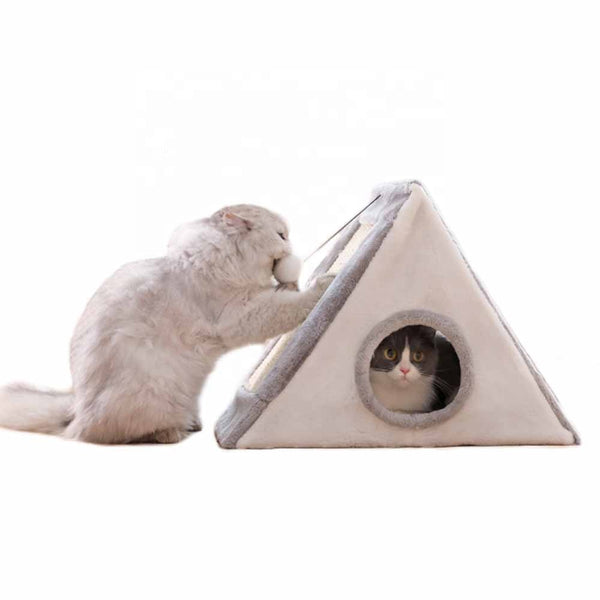 Cat House Triangle Warm Plush Bed Teaser Scratcher Board Cave Home