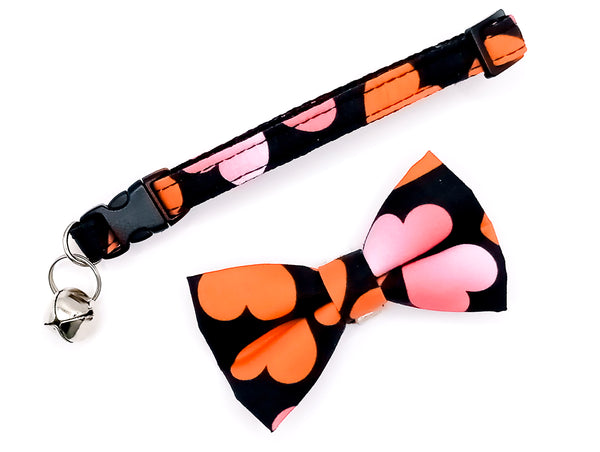 Heart Printed Cat Pet Kitten Hand Made Fabric Bow Neck Collar with Silver Bell